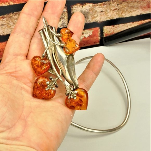 MASSIVE AMBER STERLING PENDANT & BROOCH WITH OMEGA WIRE NECKLACE, RARE JEWELRY - Picture 13 of 16
